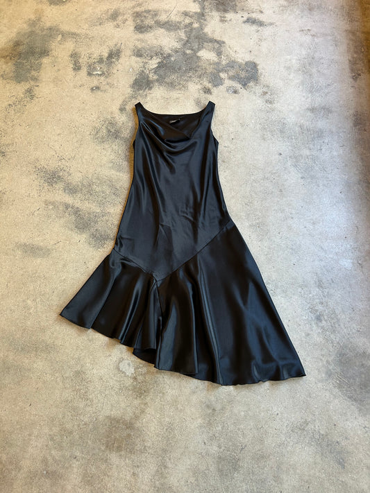 Black Satin Midi Asymmetrical Dress